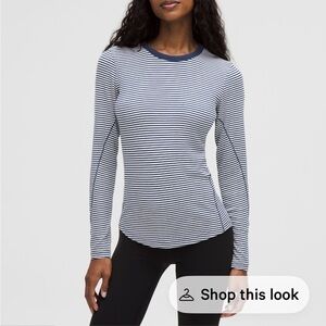 Lululemon Athletica hold tight Navy and White Striped Long Sleeve Tee